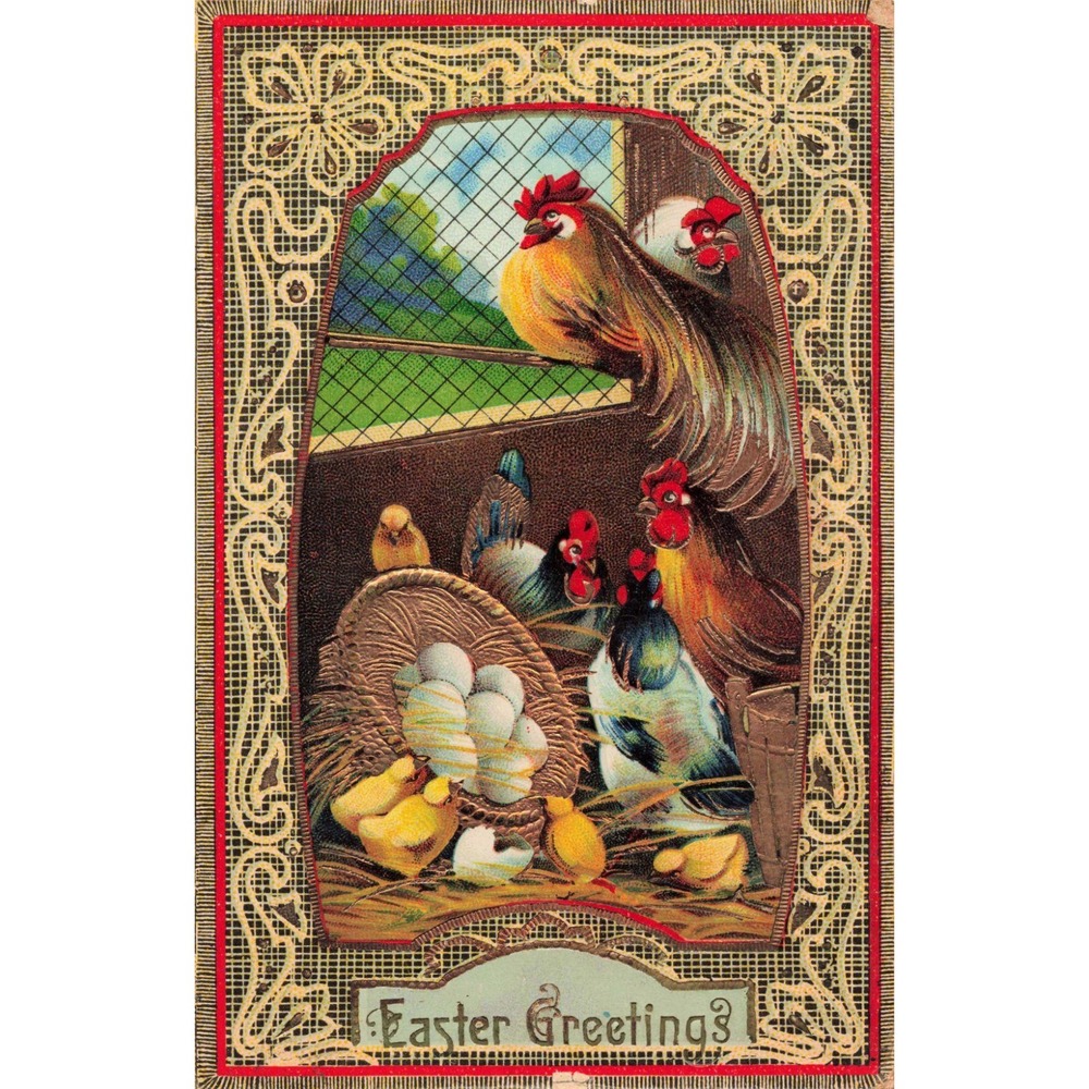 Vintage Easter Greetings Postcard Embossed Chickens Rooster Eggs Germany 0702 - Picture 1 of 2